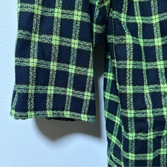 Vintage Plaid Open Front Collarless‎ Blazer Black Blue Neon Green Check Size XL - Picture 10 of 11